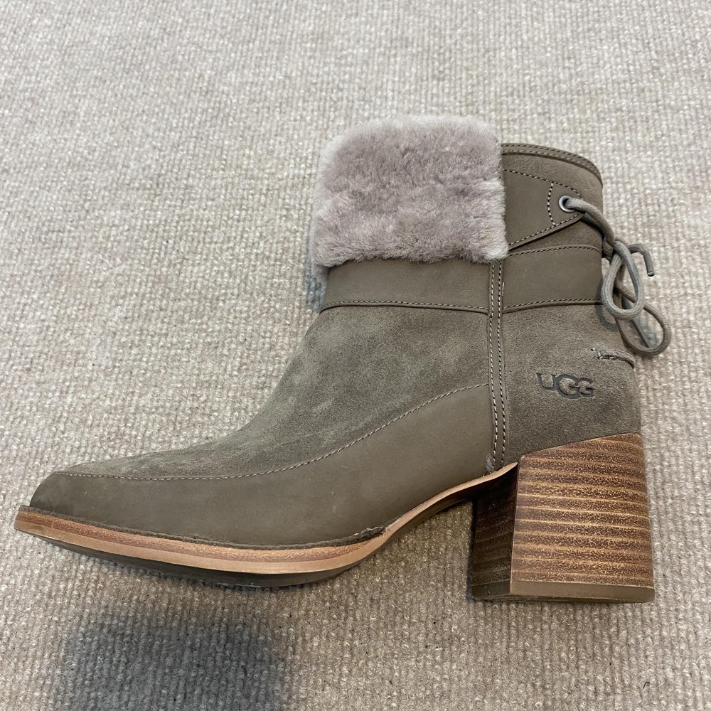 UGG Boots Womens Size 7.5 Gray Suede‎ Shearling Lined Ankle Block Heel 1104863